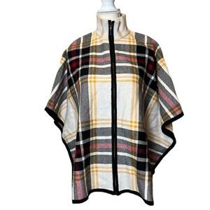 NWOT Nicole Miller Zip Front Poncho Cape Plaid Black Red Yellow Oversized S/M